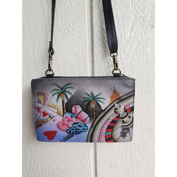 Anna Anuschka Hand Painted Leather VEGAS Bag Crossbody Purse Clutch RIFD Blocker - Picture 10 of 16